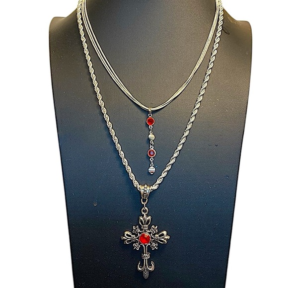 Sterling Silver Ruby Red Cross Layered Necklace Handmade Boho Tribal Punk - Picture 1 of 5